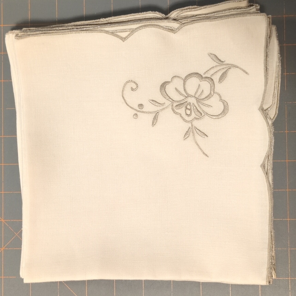 Embroidered Cream Linen Napkins - set of 12